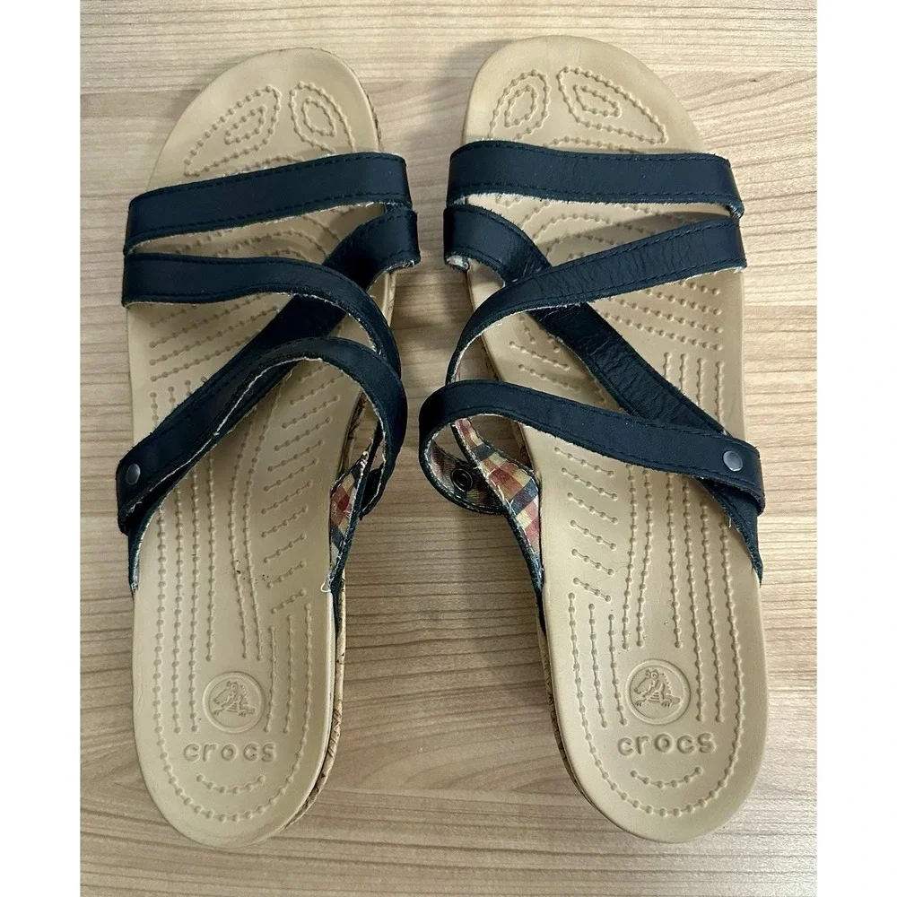 Crocs Shoes A-Leigh Wedge Sandals Womens Size 10 Black Leather Slip On